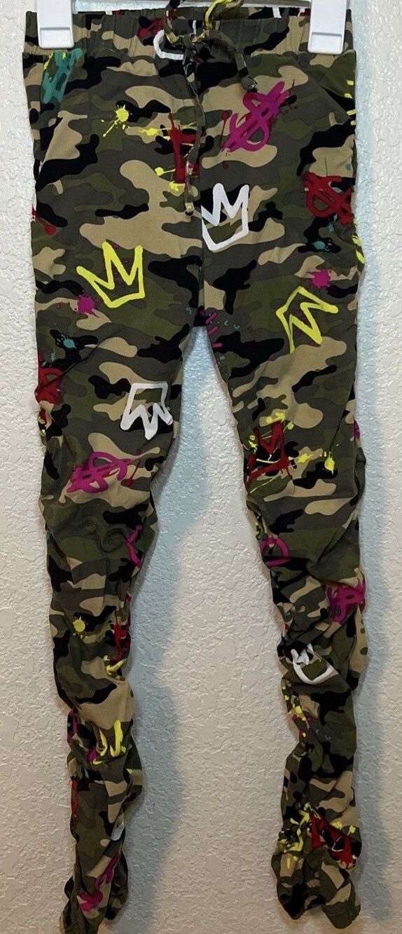 Body By Us Girl Camouflaged Designed Pants Ruched Sides Sz 10/12